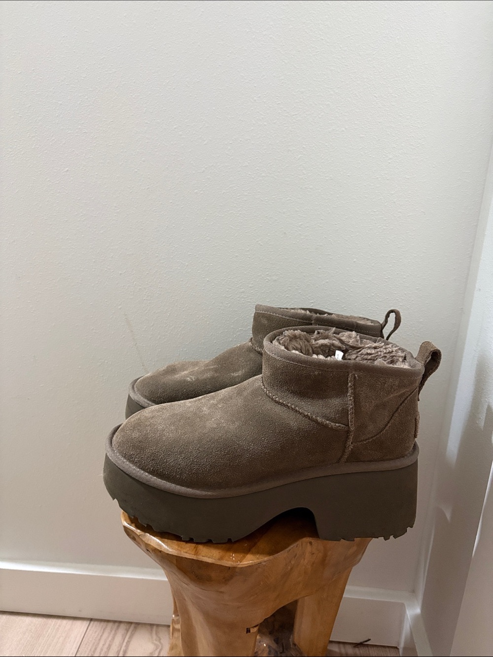 UGG Taupe Classic New Heights Ultra Mini Womens Platform Boots